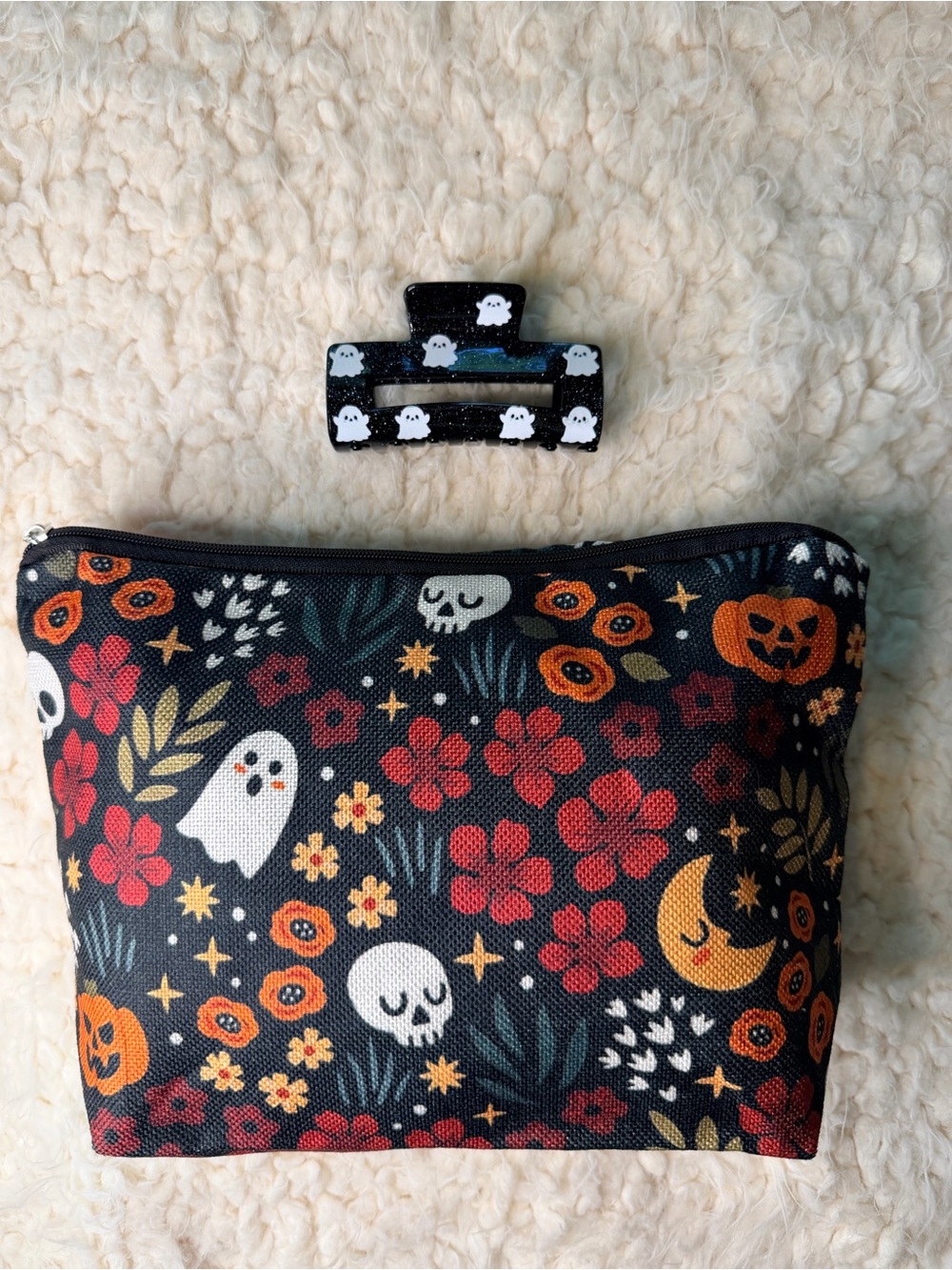 NEW Pumpkin Black Cats Halloween Tee T-Shirt Ghost Claw Clip Floral Pouch Set XL - Picture 2 of 6